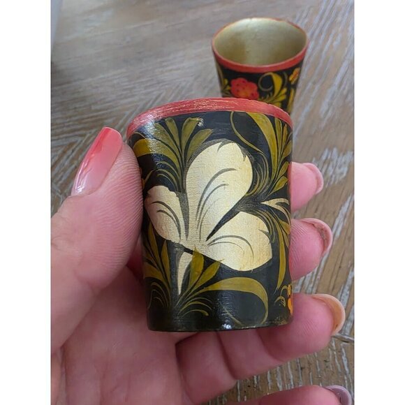 Vintage Hand-Painted Floral Wooden Shot Glasses Set Of 3 - Picture 16 of 16